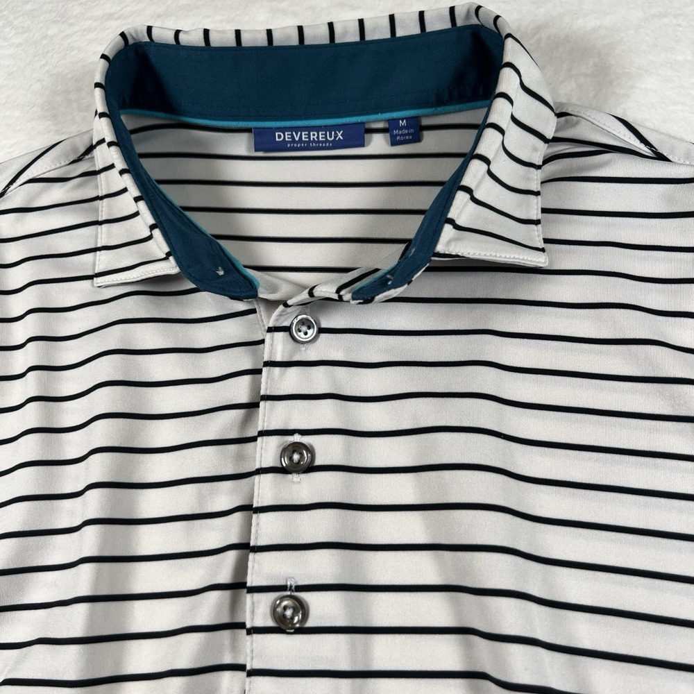 Devereux Golf‎ Polo Shirt White Black Striped Men's Size Medium Performance
